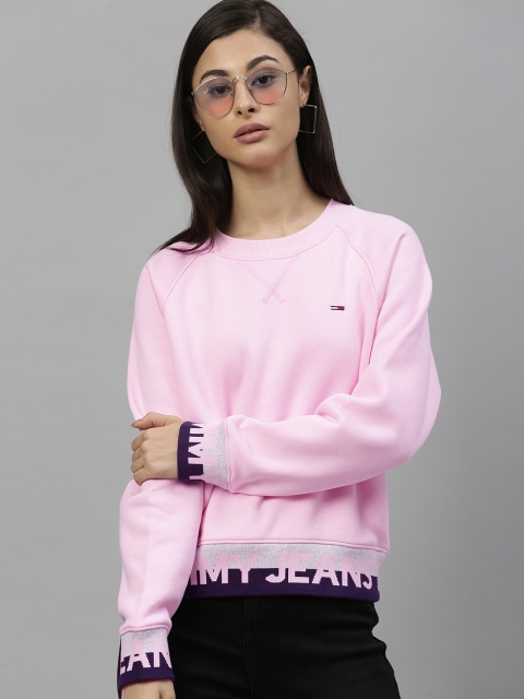 

Tommy Hilfiger Women Pink Solid Round Neck Sweatshirt with Typographic Detail