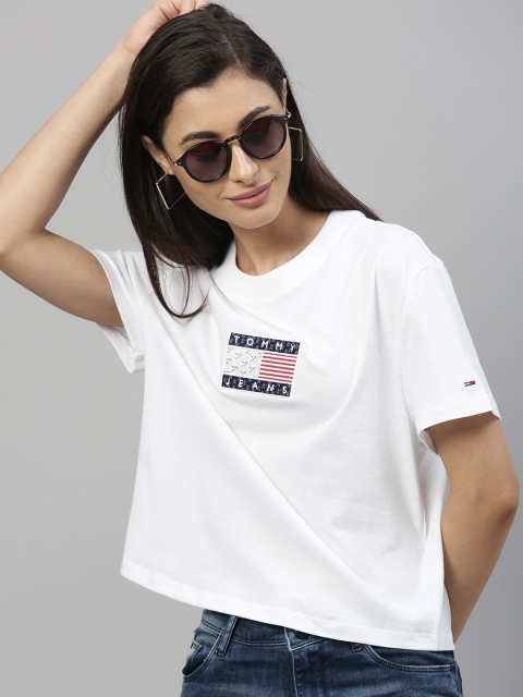 

Tommy Hilfiger Women White Solid Round Neck T-shirt with Embroidery