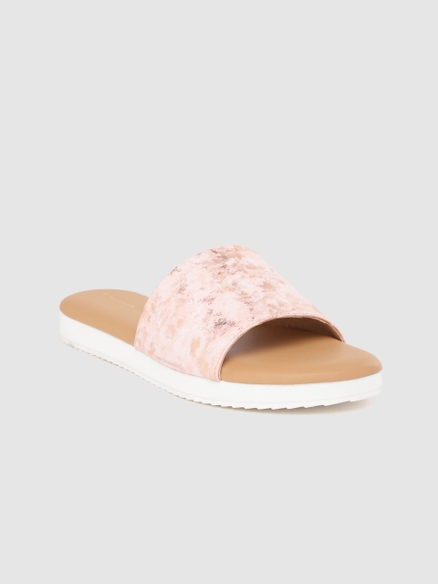 

Van Heusen Women Peach-Coloured & Rose Gold-Toned Printed Open Toe Flats