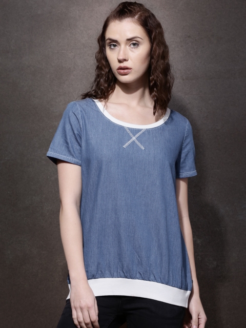 

Roadster Women Blue Solid Blouson Slim Fit Top