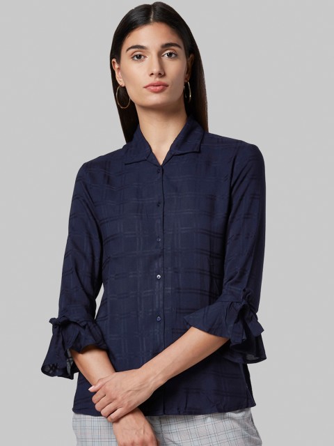

Park Avenue Woman Navy Blue Checked Shirt Style Top