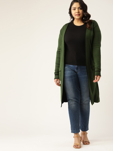 

Sztori Women Plus Size Olive Green Solid Knee Length Open Front Sweater