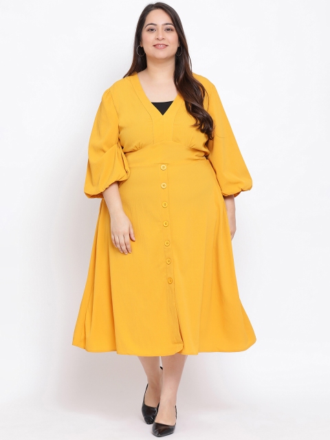 

Oxolloxo Women Plus Size Mustard Yellow Solid Fit and Flare Dress