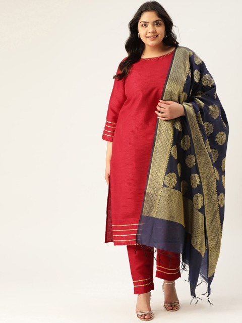 

Sztori Women Plus Size Maroon & Navy Blue Solid Kurta with Trousers & Dupatta
