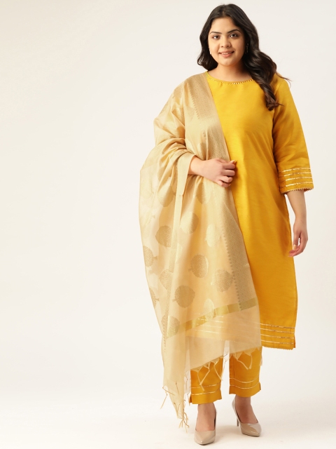 

Sztori Women Plus Size Mustard Yellow & Beige Solid Kurta with Trousers & Dupatta