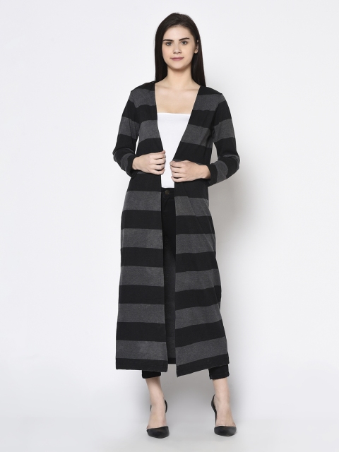 

Rigo Women Charcoal Black Printed Striped Maxi Shrug