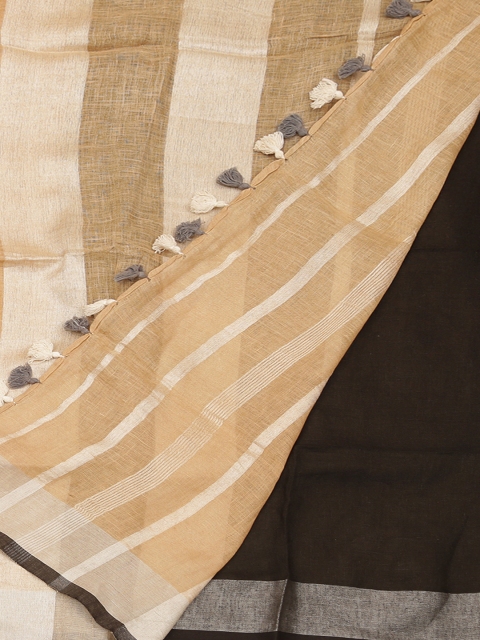 

Pothys Cream-Coloured & Gold-Toned Pure Linen Striped Saree