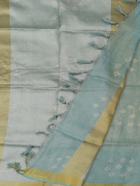 

Pothys Cream-Coloured & Sea Green Pure Linen Colourblocked Saree