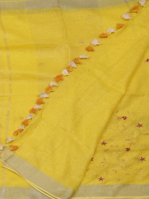 

Pothys Yellow Embroidered Pure Linen Saree