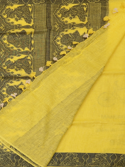 

Pothys Yellow & Black Pure Linen Woven Design Saree