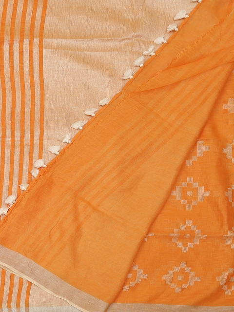 

Pothys Mustard & Silver-Toned Pure Linen Printed Saree