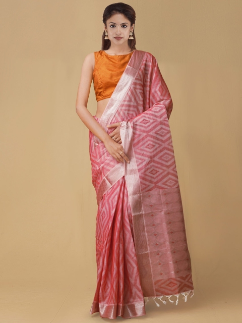 

Unnati Silks Pink & Silver-Toned Pure Cotton Printed Mysore Silk Saree