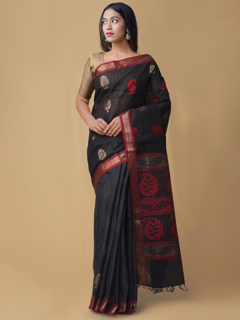 

Unnati Silks Black Pure Cotton Woven Design Uppada Saree