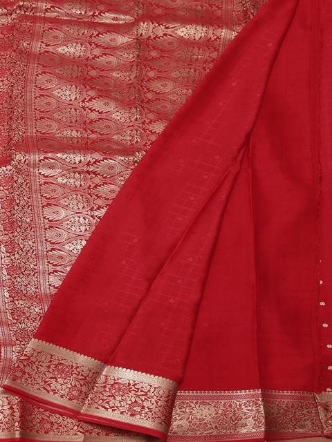

Pothys Red & Silver-Toned Poly Crepe Woven Design Saree