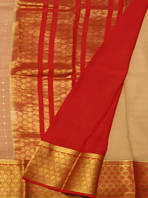 

Pothys Cream-Coloured & Red Poly Crepe Colourblocked Saree