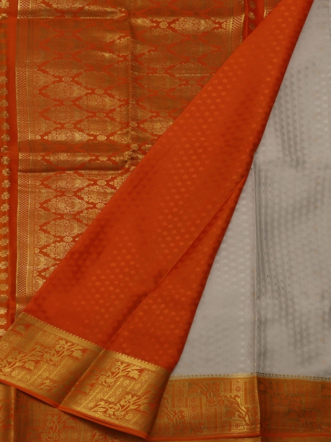 

Pothys Grey & Orange Poly Crepe Woven Design Saree