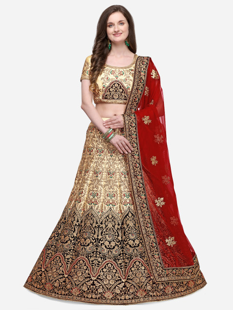 

NAKKASHI Cream-Coloured & Gold-Toned Embroidered Semi-Stitched Lehenga & Unstitched Blouse with Dupatta