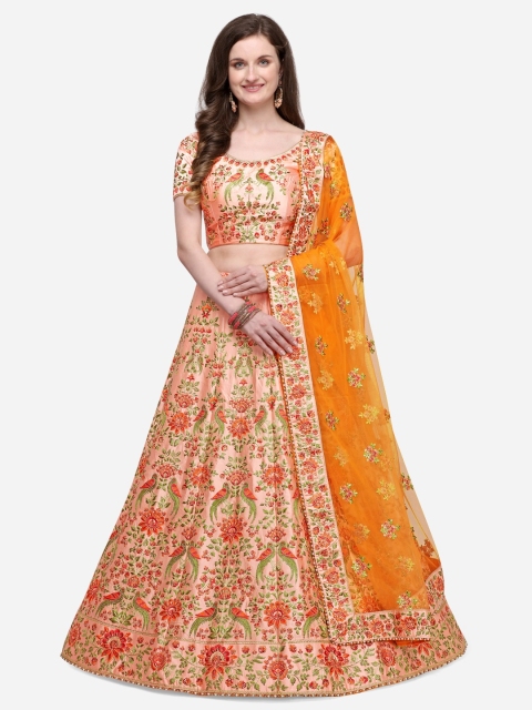 

NAKKASHI Women Peach-Coloured & Orange Embroidered Satin Silk Semi-Stitched Lehenga & Unstitched Choli with Dupatta