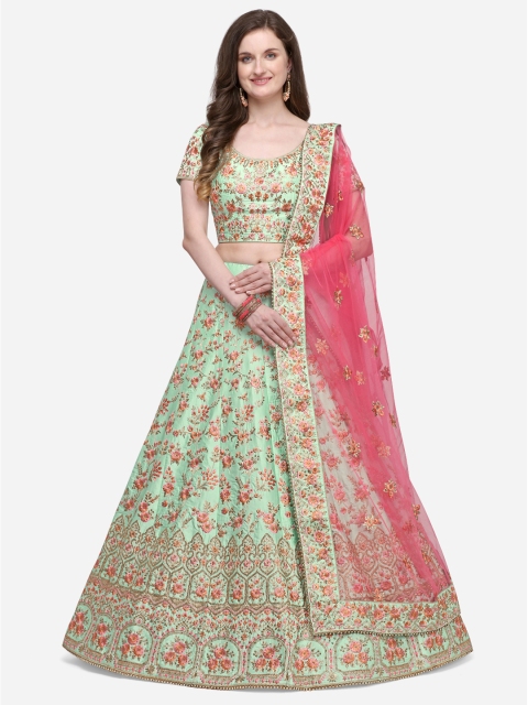 

NAKKASHI Green & Gold-Coloured Satin Silk Bridal Semi-Stitched Lehenga With Cancan & Unstitched Choli With Dupatta