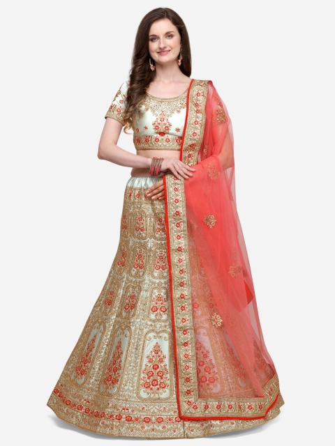

NAKKASHI Women Grey & Orange Semi-Stitched Lehenga & Unstitched Blouse with Dupatta