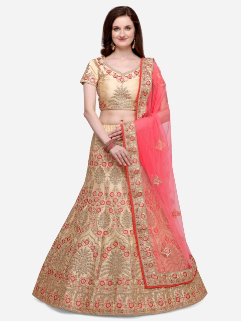 

NAKKASHI Women Cream-Colour & Pink Embroidered Lehenga Choli With Dupatta