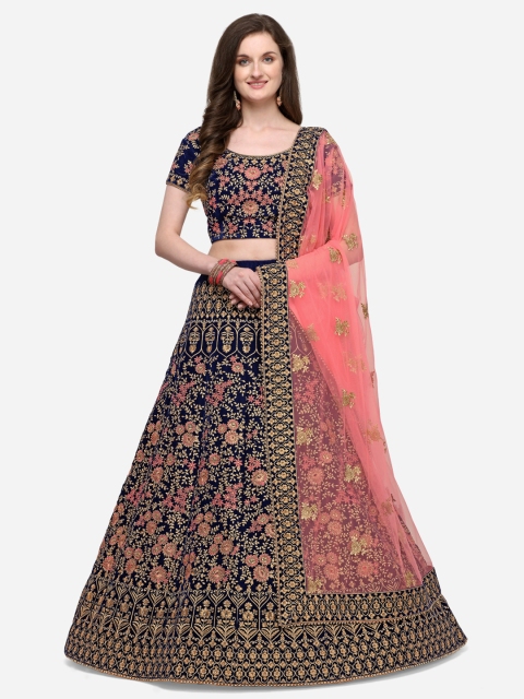 

NAKKASHI Navy Blue & Pink Embroidered Semi-Stitched Lehenga & Unstitched Blouse with Dupatta
