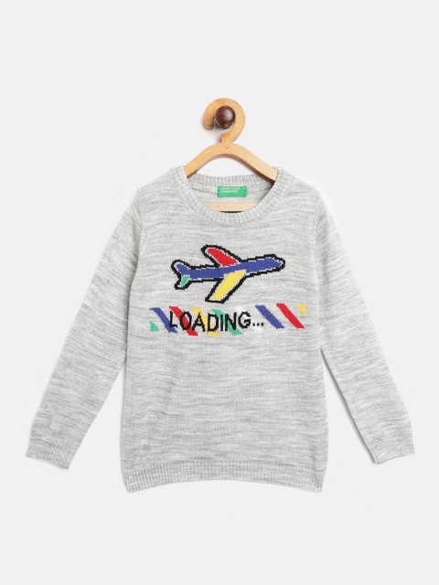 

United Colors of Benetton Boys Grey Melange & Blue Aeroplane & Typography Pullover