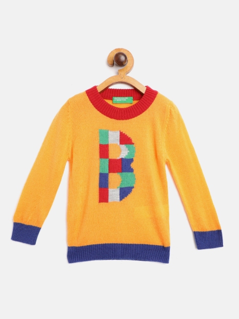 

United Colors of Benetton Boys Mustard Yellow & Red Typography Self-Design Pullover