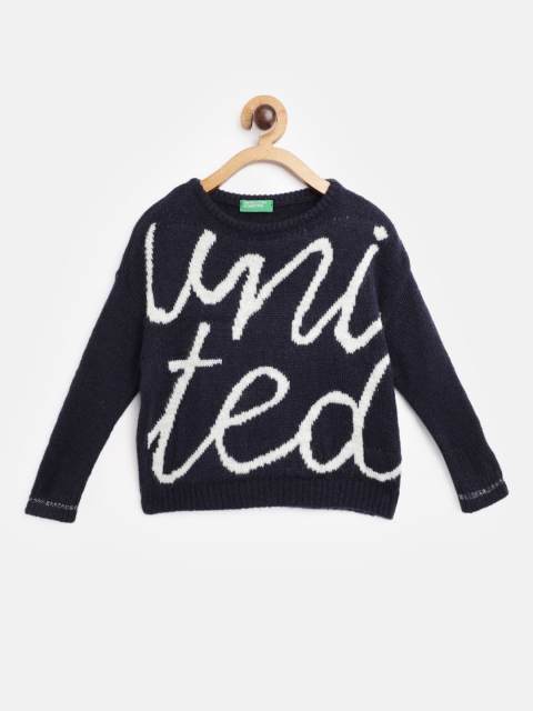 

United Colors of Benetton Girls Navy Blue & White Brand Logo Pattern Pullover