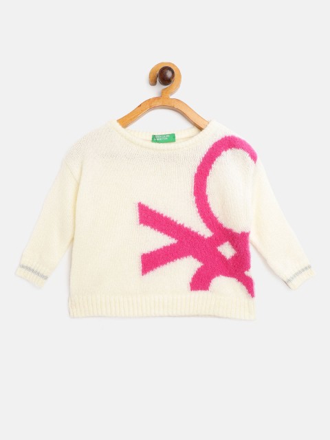 

United Colors of Benetton Girls White & Pink Brand Logo Pattern Pullover