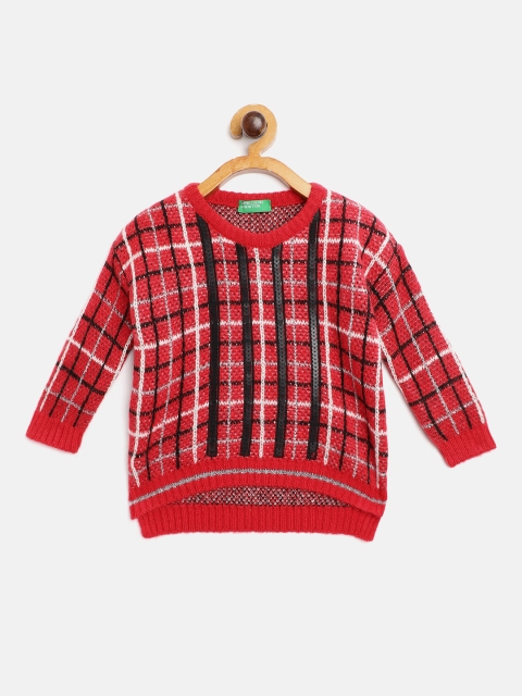 

United Colors of Benetton Girls Red & Black Checked Pullover with Sequinned Detail