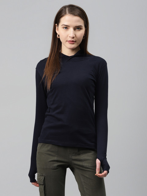 

Vemante Women Navy Blue Pure Cotton Solid Hooded T-shirt