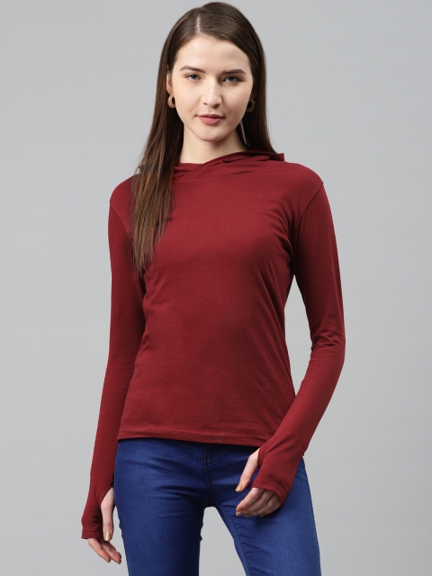 

Vemante Women Maroon Pure Cotton Solid Hooded Pure Cotton T-shirt