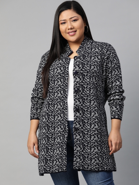 

Saadgi Women Plus Size Navy Blue & Off-White Self Design Cardigan
