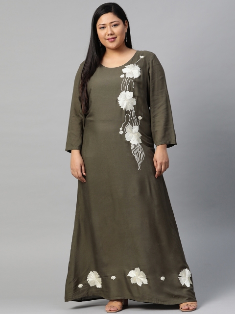 

Saadgi Plus Size Women Olive Green Embroidered A-Line Dress