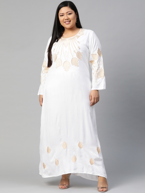 

Saadgi Women White & Beige Plus Size Embroidered Sustainable Maxi Dress
