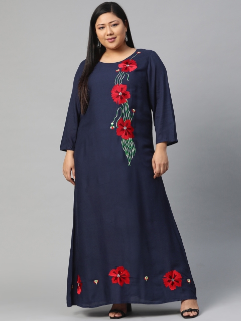 

Saadgi Women Navy Blue & Red Plus Size Floral Embroidered Sustainable Maxi Dress