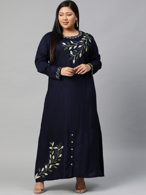 

Saadgi Women Plus Size Navy Blue Embroidered Tiered Maxi Dress