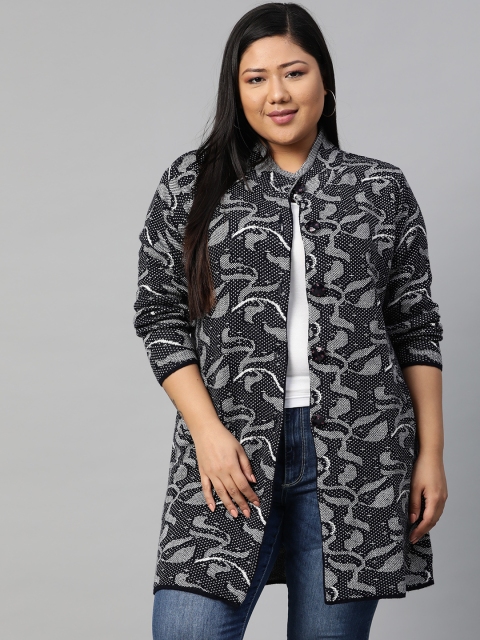 

Saadgi Women Plus Size Navy Blue & Off-White Self Design Cardigan