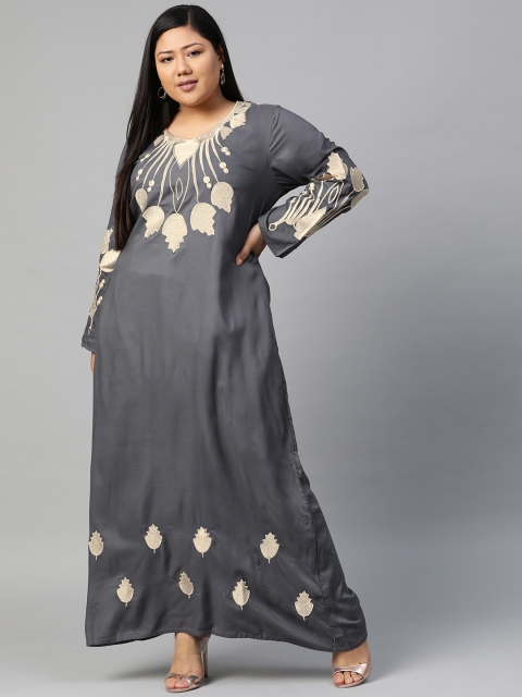 

Saadgi Women Grey & White Plus Size Embroidered Sustainable Maxi Dress