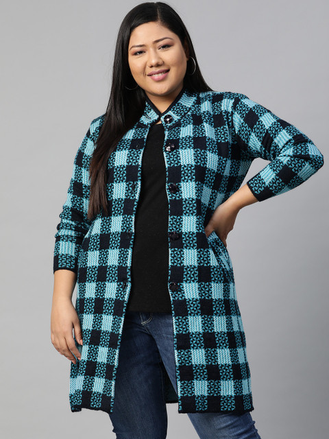 

Saadgi Women Plus Size Blue Checked Cardigan Sweater