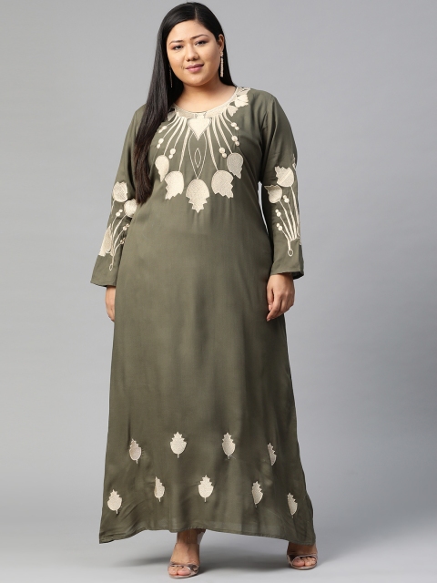 

Saadgi Women Olive Green & Beige Plus Size Embroidered Sustainable Maxi Dress