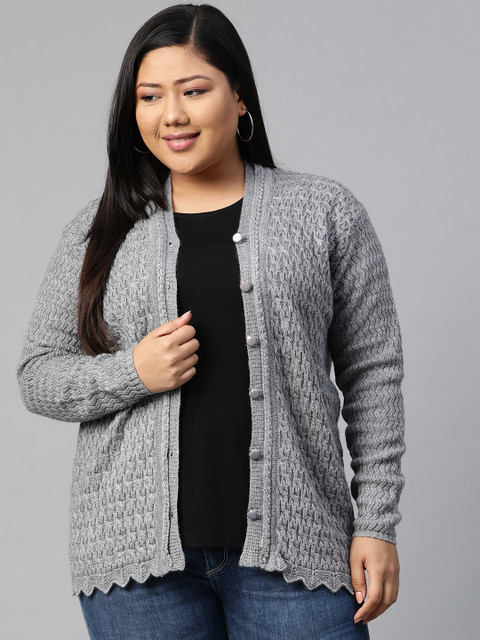 

Saadgi Women Plus Size Grey Self Design Cardigan Sweater