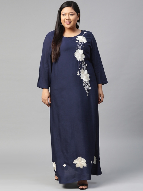 

Saadgi Women Navy Blue Plus Size Floral Embroidered Sustainable Maxi Dress, Black