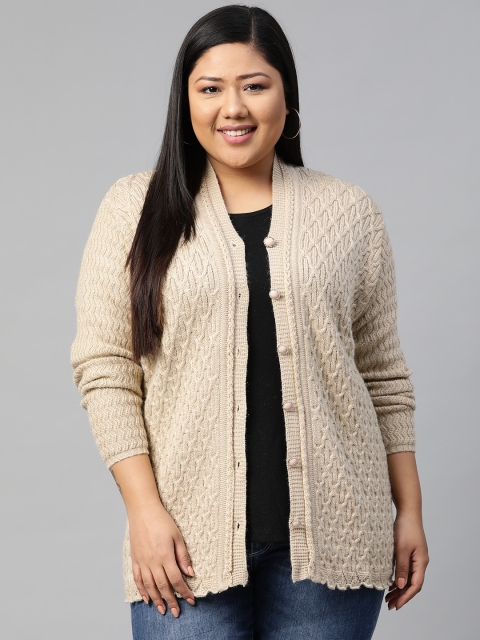 

Saadgi Women Plus Size Cream-Coloured Self Design Cardigan Sweater