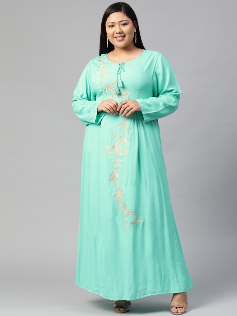 

Saadgi Women Blue & Beige Plus Size Embroidered Sustainable Maxi Dress