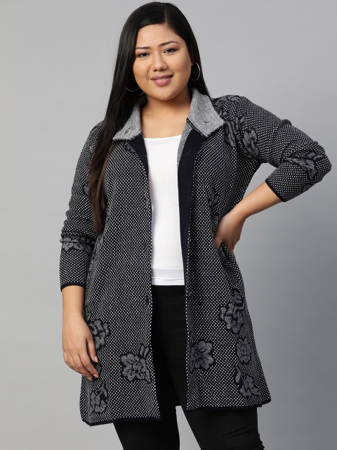 

Saadgi Women Plus Size Navy Blue & White Self Design Cardigan