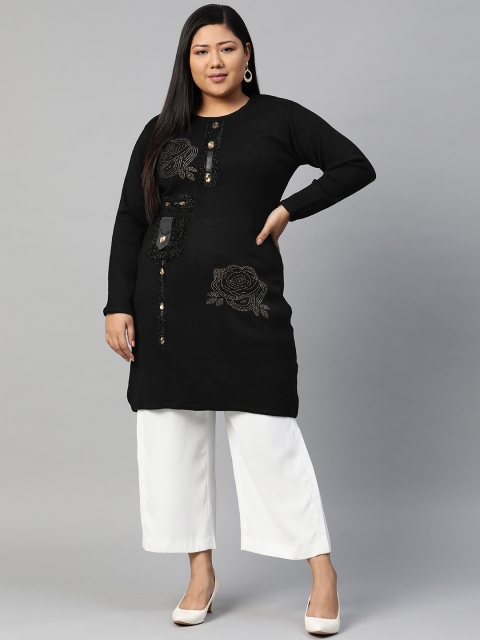 

Saadgi Women Black & Golden Floral Embellished A-Line Winter Kurta