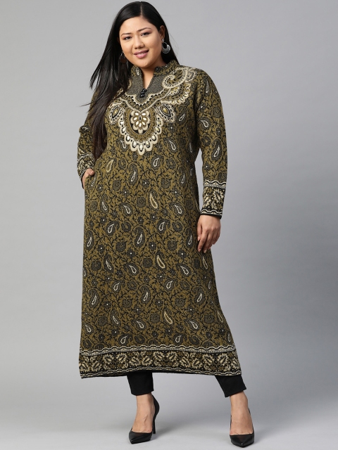 

Saadgi Women Olive Green & Black Paisley Woven Design A-Line Winter Kurta