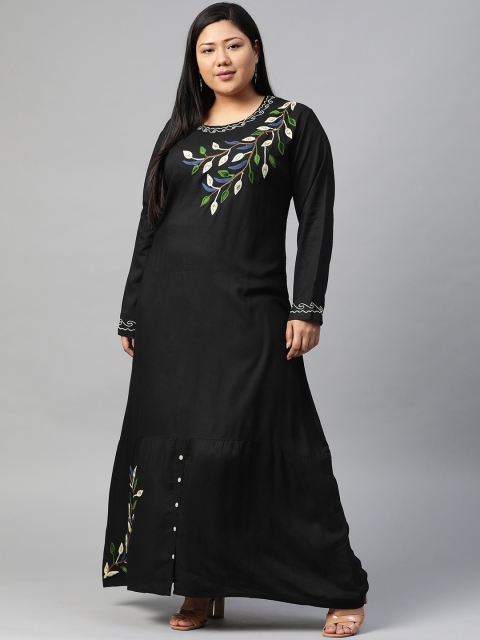 

Saadgi Women Plus Size Black & Beige Ethnic Motifs Embroidered Sustainable Maxi Dress